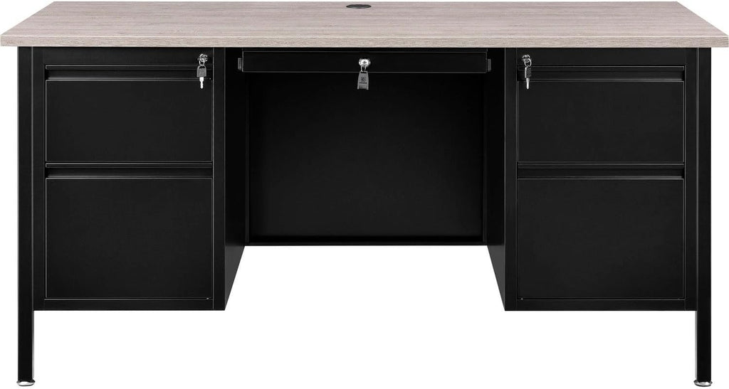 Global Industrial 60" W x 30" D x 30-1/2"H Steel Teacher's Desk, Gray Top with Black Frame, Double Pedestal Desk with Center Drawer, 4 Locking Box/Box Drawers