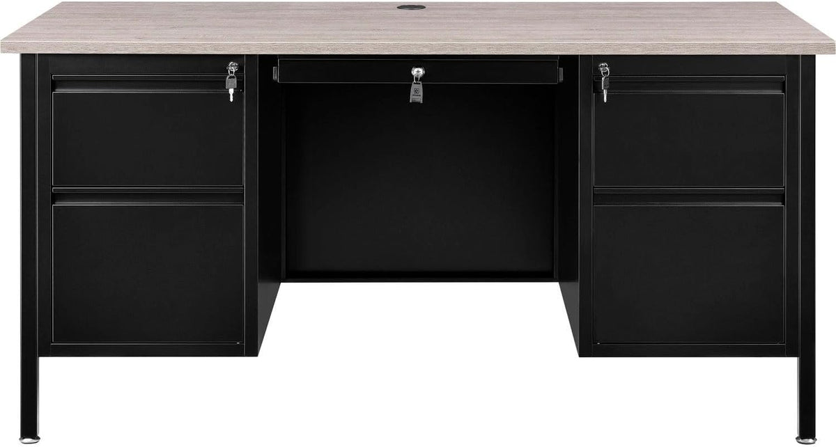 Global Industrial 60" W x 30" D x 30-1/2"H Steel Teacher's Desk, Gray Top with Black Frame, Double Pedestal Desk with Center Drawer, 4 Locking Box/Box Drawers