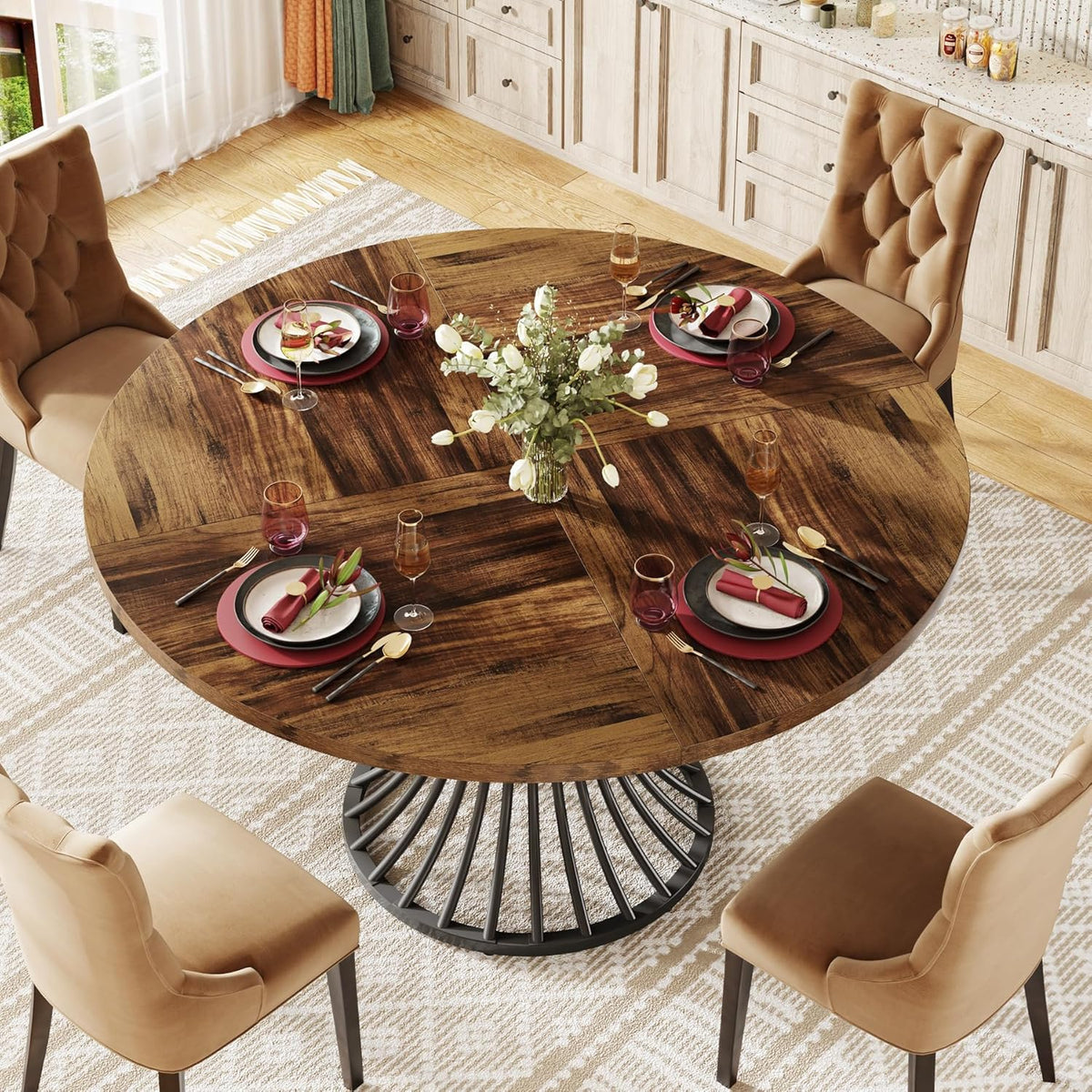 Tribesigns Round Dining Table for 4-6 People, 47-Inch Farmhouse Dinning Room Circle Kitchen Table, Industrial Dinner Table with Metal Base for Kitchen, Living Room, Black and Brown