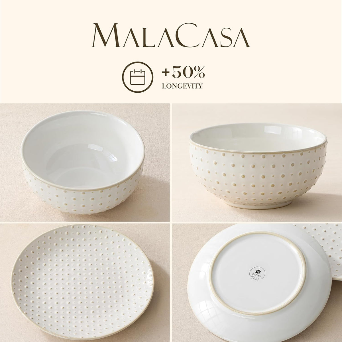 MALACASA 24 Piece Dinnerware Set, Embossed Ceramic Dish Sets Service for 8, Plates and Bowls Set, Durable Stoneware Tableware for Family Dinners, Dishwasher & Microwave Safe