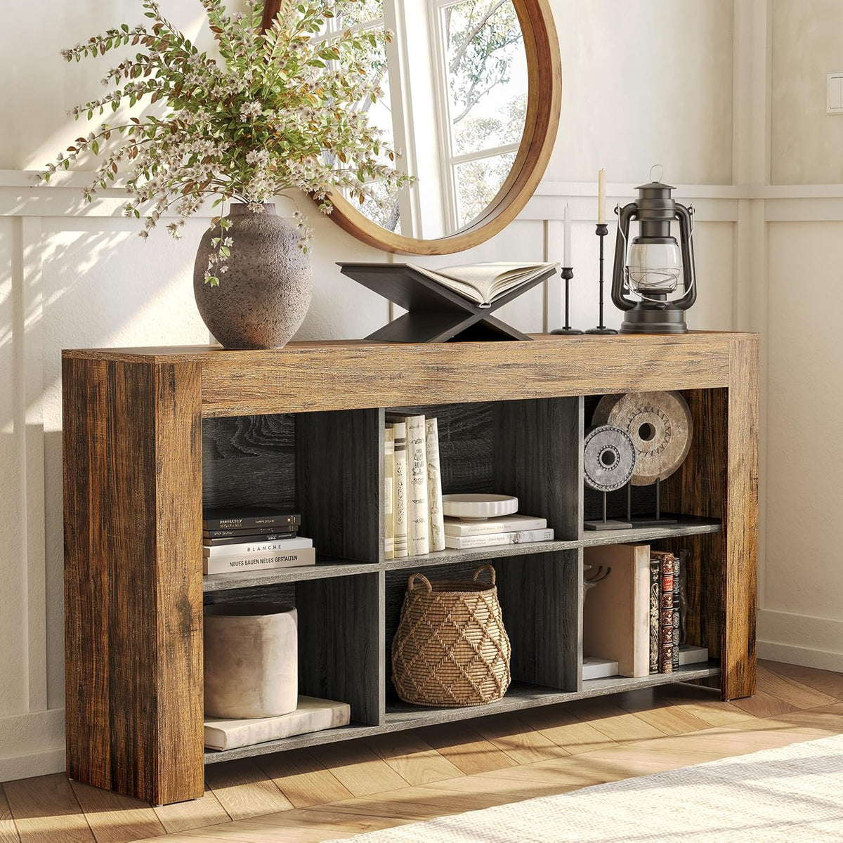 LITTLE TREE Console Table with Storage, 63-Inch Narrow Long Sofa Table, Entryway Table with 6 Cubes, Farmhouse Storage Shelves for Entryway, Living Room