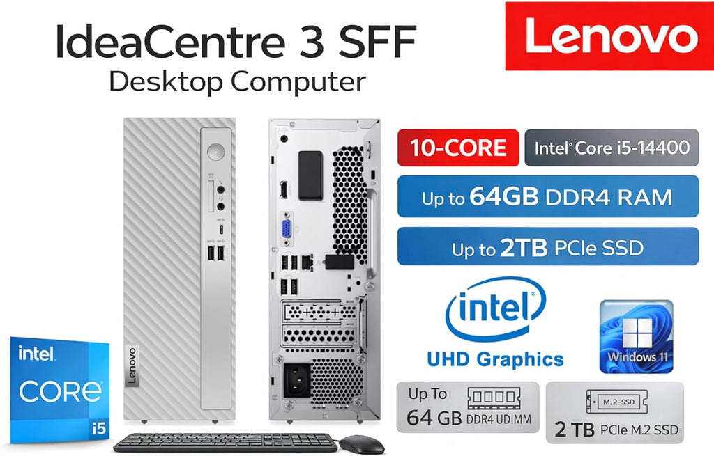Lenovo IdeaCentre 3 SFF Business Desktop Computer, Latest 14th Gen Intel Core i5-14400, 32GB RAM, 1.5TB (1TB HDD+512GB PCIe SSD), USB-C, HDMI, VGA, RJ-45, Wi-Fi, Wired Keyboard & Mouse, Windows 11