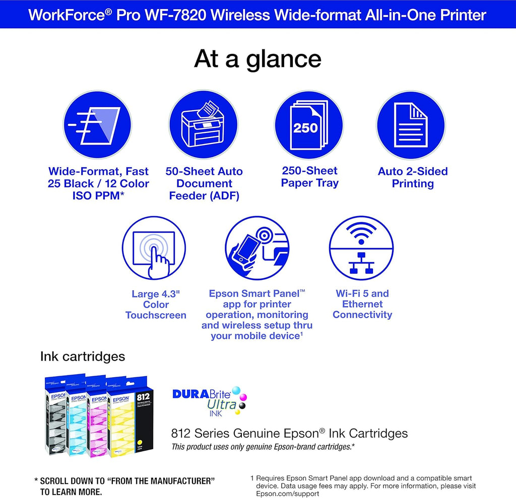 Epson Workforce Pro WF-7820 Wireless All-in-One Wide-Format Printer, Auto 2-Sided Print 13" x 19" Copy, Scan & Fax, 50-Page ADF, 250-sheet Paper Capacity, Works with Alexa - Black