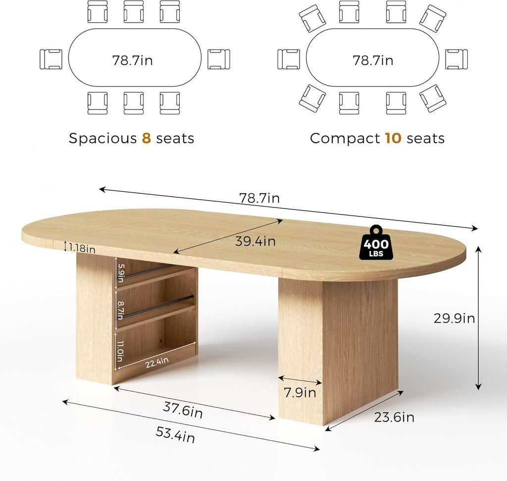 Jocoevol 78.7" Oval Dining Table for 8-10, Modern Dining Room Table with 3-Tier Storage Shelf, Wood Dinner Tables with Heavy Duty Pedestal Base for Kitchen Living Room - Natural