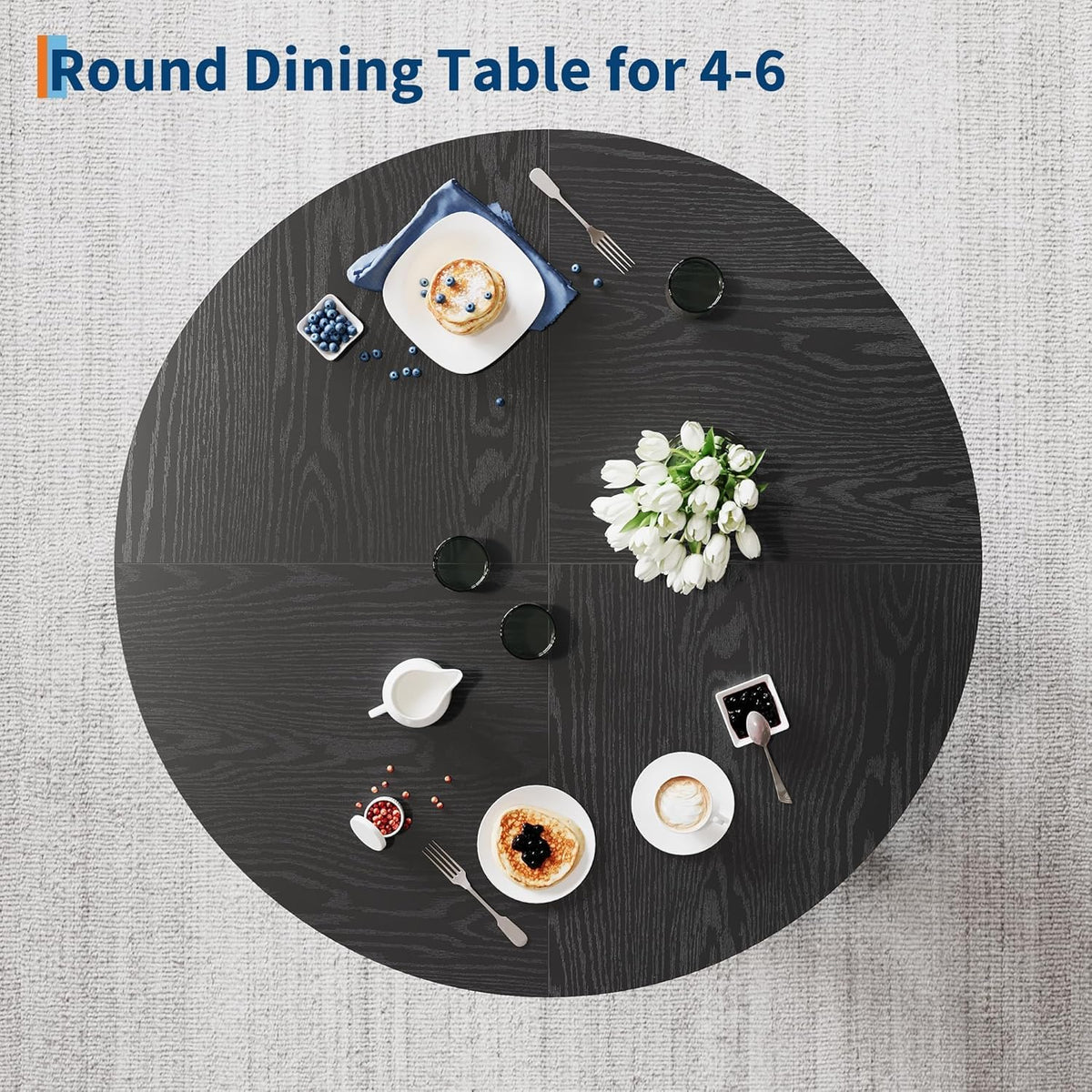 IDEALHOUSE 47" Round Dining Table for 4-6, Wood Kitchen Table with Sturdy Base, Farmhouse Circle Dinner Table for Dining Room, Living Room, 4 Strong Legs, Black