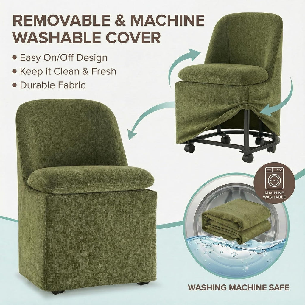 KISLOT Upholstered Dining Chairs with Casters, Washable Cover Modern Dining Room Chairs with Thick Cushion & Sturdy Metal Frame for Kitchen, Living Room, Dressing Room, Green Fabric, Set of 4