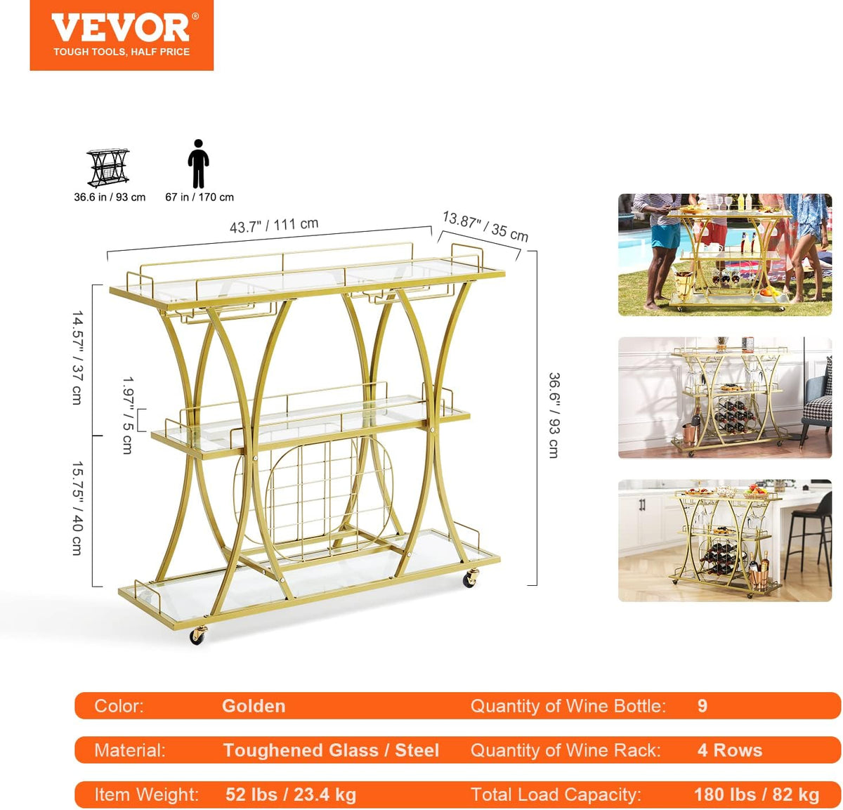 VEVOR Bar Cart Gold, 3 Tiers Home Bar Serving Cart on Lockable Wheels, Rolling Alcohol Cart with Tempered Glass Shelves Guardrail Wine Rack, Modern Wine Cart for Home Kitchen Dining and Living Room