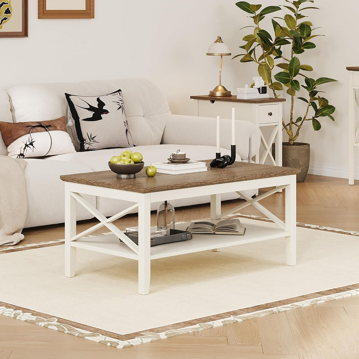 ChooChoo Farmhouse Coffee Table, Wooden Coffee Tables with Thicker Legs, White Coffee Table with Storage for Living Room