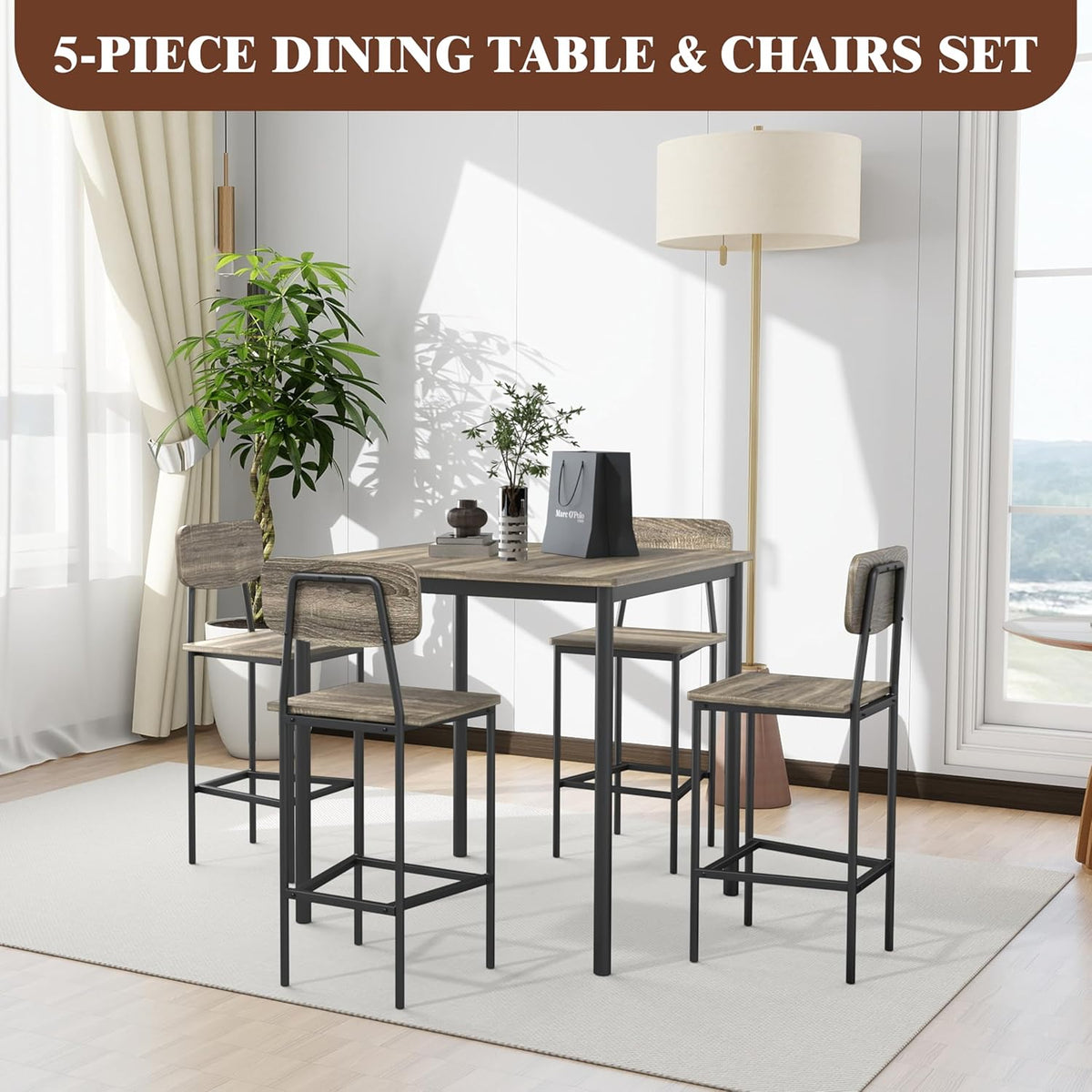Kitchen Table and Chairs of 4, 5 Piece Dining Table Set, Sturdy Industrial Space Saving Dinette Set for Pub, Family Dinners, Apartment, Gray