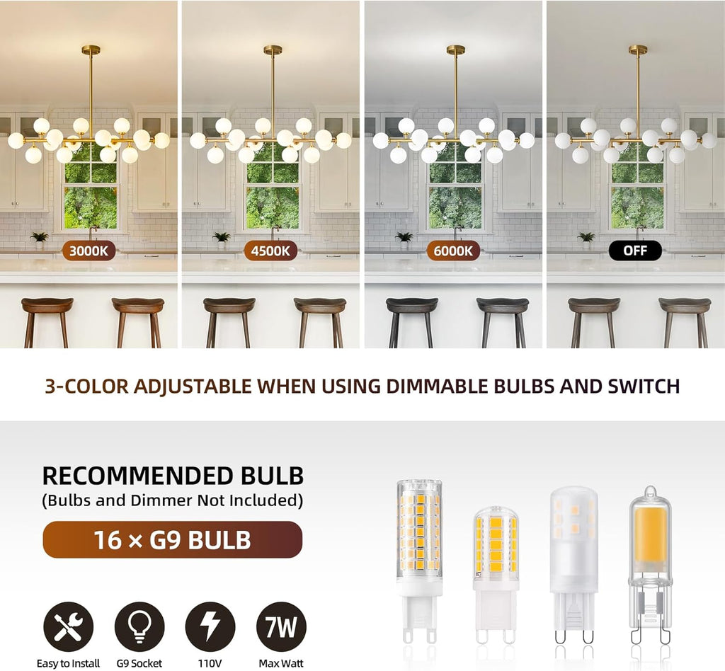 Mid Century Modern Sputnik Chandelier: 16-Light Globe Chandeliers over Table - White Glass Linear Chandelier Dining Room Light Fixture - Gold Brass Modern Chandeliers for Living Room Kitchen Island