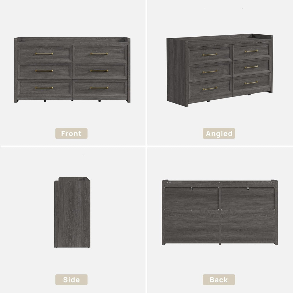 SICOTAS 6 Drawer Dresser for Bedroom-56.4" Extra-Wide Wooden Chest of Drawers with Large Storage, Long Dresser TV Stand with Drawers, Modern Closet Dressers for Nursery Living Room, Dark Grey Oak