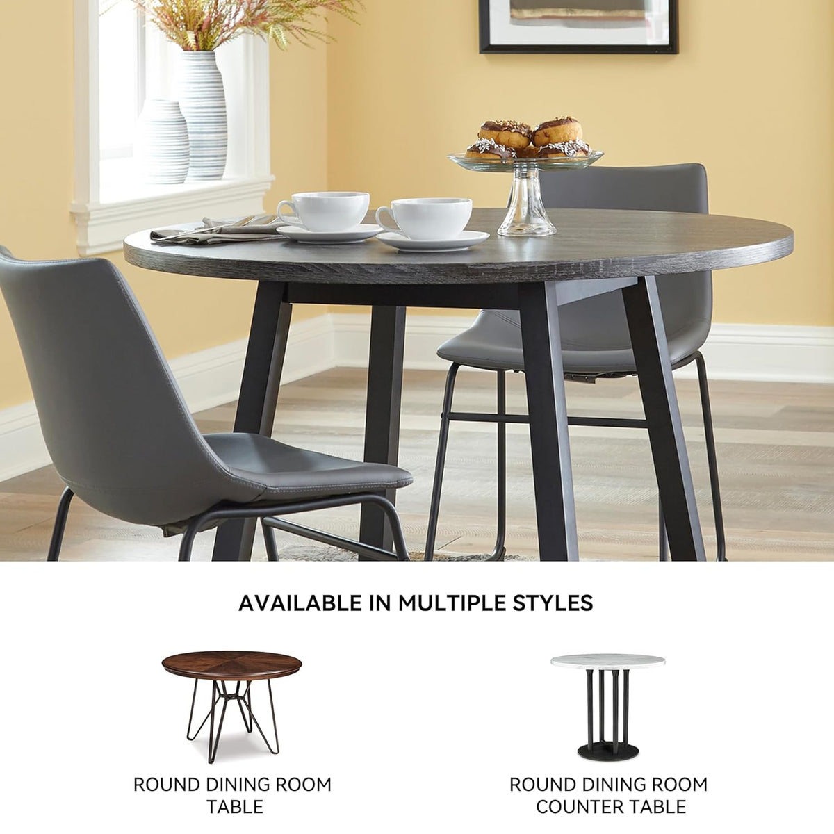 Signature Design by Ashley Centiar Mid Century Round Dining Room Table with Metal Legs, Gray & Black | Mid Century