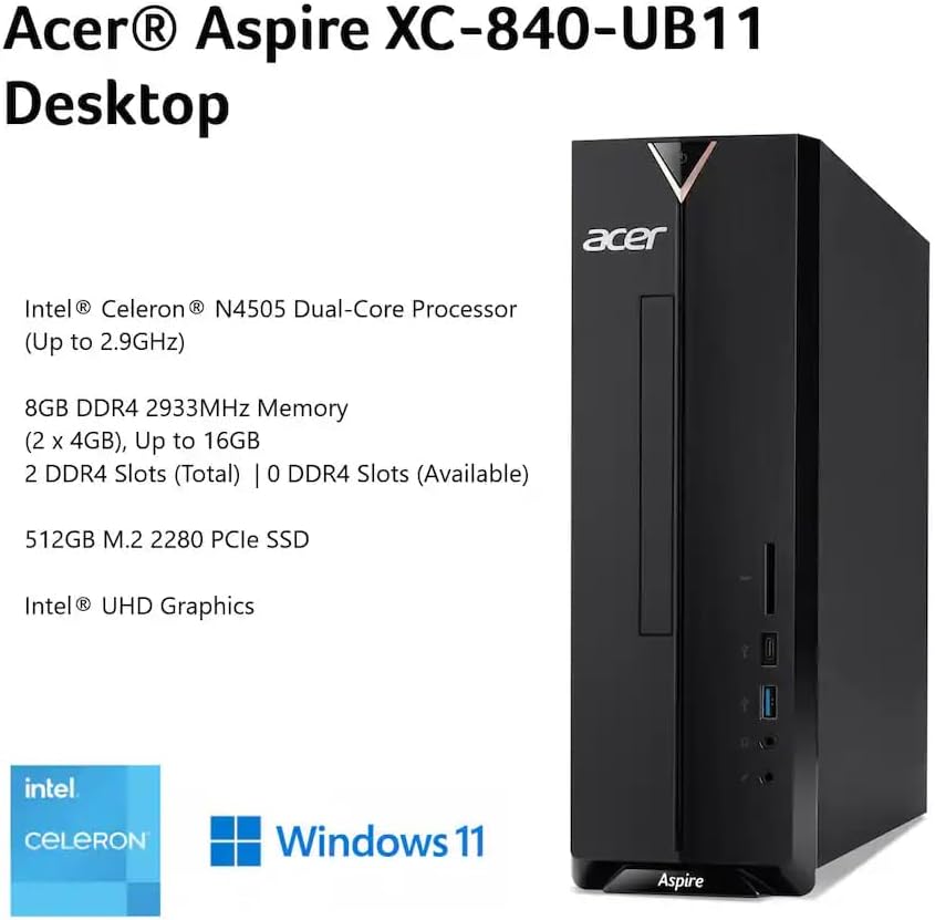 acer Aspire SFF 8L Desktop Computer | Intel Multi-Core CPU | 8GB RAM, 1TB Storage (512GB PCIe SSD & 512GB External) | WiFi 6E | Intel UHD Graphics | 4K Display Support, Wired Keyboard & Mouse