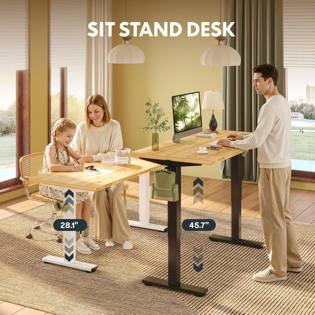 FLEXISPOT Solid Wood Standing Desk, One-Piece Real Wood Desktop, Electric Height Adjustable Desk for Home Office, 176 LBS Capacity (60"x30" Bamboo, Black Frame)