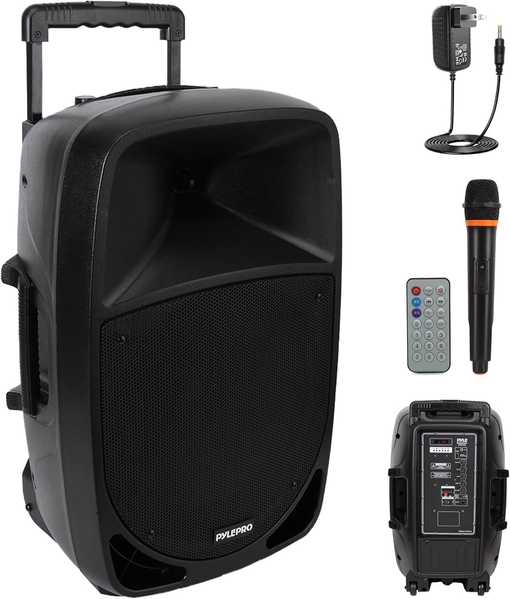Pyle 1200W Portable Bluetooth PA Speaker - 12'' Subwoofer, LED Battery Indicator Lights W/Built-In Rechargeable Battery, MP3/USB/SD Card Reader, and UHF Wireless Microphone - Pyle PSBT125A,Black
