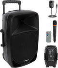 Pyle 1200W Portable Bluetooth PA Speaker - 12'' Subwoofer, LED Battery Indicator Lights W/Built-In Rechargeable Battery, MP3/USB/SD Card Reader, and UHF Wireless Microphone - Pyle PSBT125A,Black