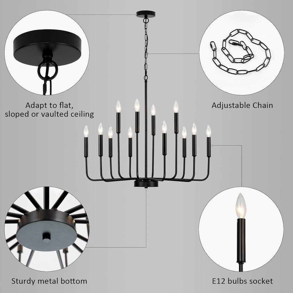 Black Chandeliers for Dining Room Light Fixture Over Table, Modern Farmhouse Chandeliers for Living Room,12-Lights Industrial Metal Candle Lighting Fixtures for Entryway Kitchen Island Foyer