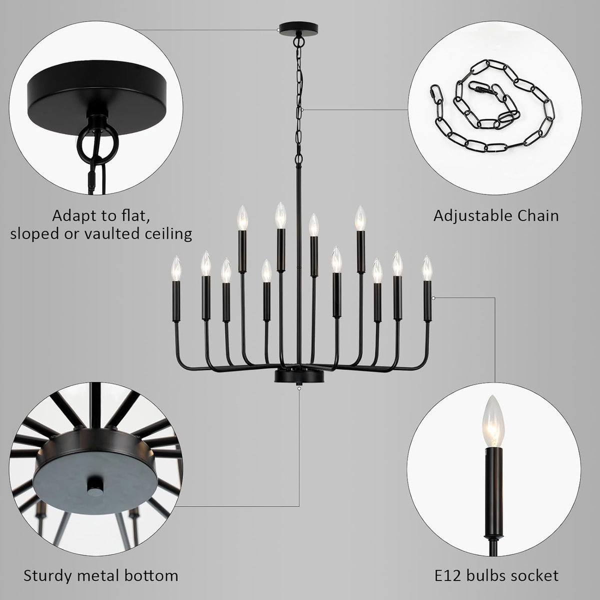 Black Chandeliers for Dining Room Light Fixture Over Table, Modern Farmhouse Chandeliers for Living Room,12-Lights Industrial Metal Candle Lighting Fixtures for Entryway Kitchen Island Foyer