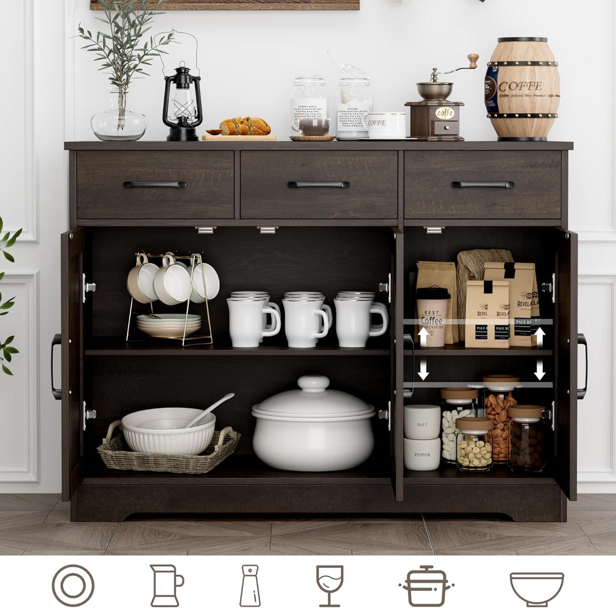 HOSTACK Modern Farmhouse Buffet Sideboard Cabinet, Barn Doors Storage Cabinet with Drawers and Shelves, Wood Coffee Bar with Storage for Dining Room, Kitchen, Living Room, Dark Brown