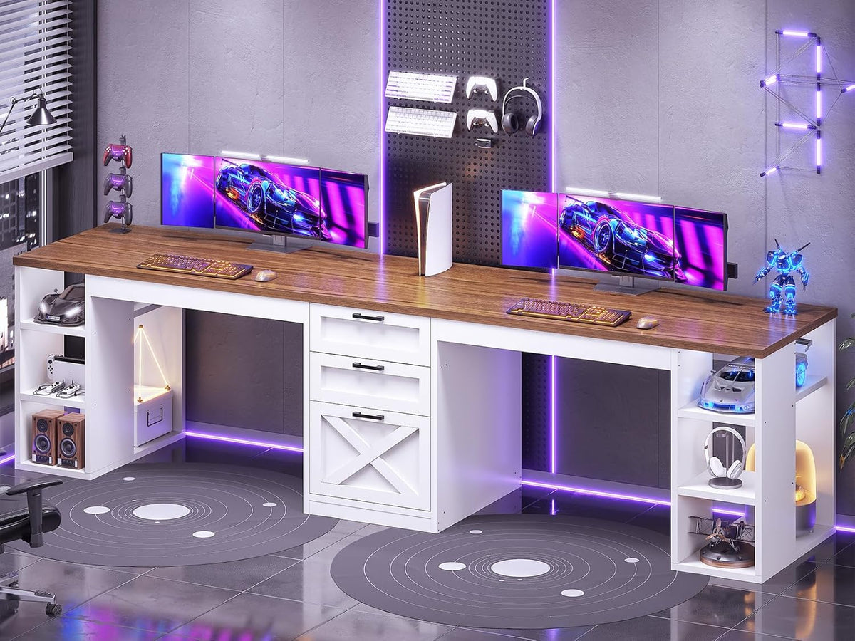 SEDETA Farmhouse 96.5" Computer Desk with Drawers, 2 Person Home Office Desk, Gaming Double Desk with Storage Shelves, Long Two Person Writing Desk (White and Brown)