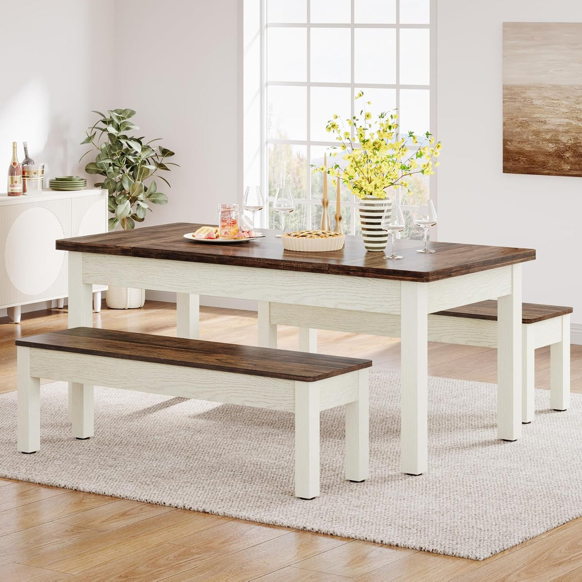Tribesigns Farmhouse Kitchen Table Set for 4-6, 55-Inch Wooden Dining Table with 2 Benches, Space Saving 3 Pieces Heavy Duty Dinette for Dining Room, Kitchen, Small Space
