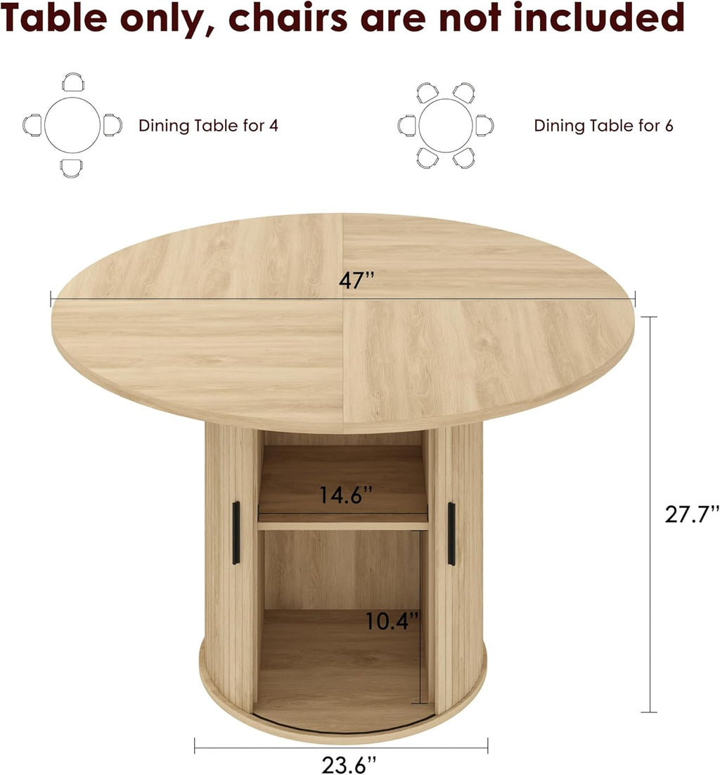 IDEALHOUSE 47 Inch Round Dining Table for 4, Farmhouse Kitchen Table with 2-Layer Storage Shelf and Wood Slide Door, Modern Dinner Table Space Saving, Dining Room, Living Room, Natural Oak
