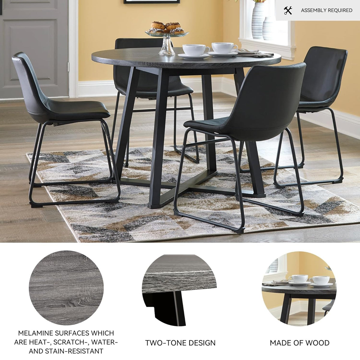 Signature Design by Ashley Centiar Mid Century Round Dining Room Table with Metal Legs, Gray & Black | Mid Century