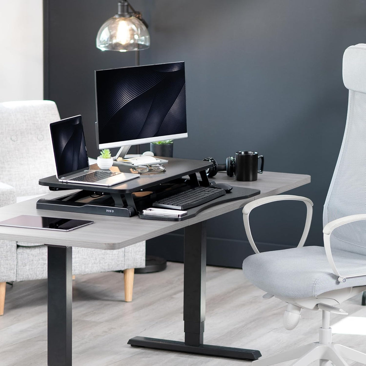 VIVO 32 inch Desk Converter, K Series, Height Adjustable Sit to Stand Riser, Dual Monitor and Laptop Workstation with Wide Keyboard Tray, Black, DESK-V000K