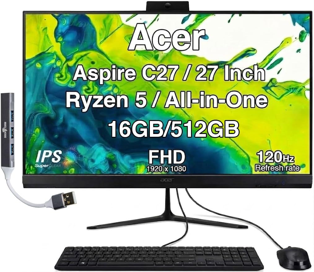 Acer Aspire C27 All-in-One Desktop, 27" IPS FHD Display (Ryzen 5 7430U (7000 Series), 16GB DDR5, 512GB PCIe SSD, Wi-Fi 6E, Webcam, Wired Keyboard and Mouse, BT 5.3, Win 11 Home) with USB Hub