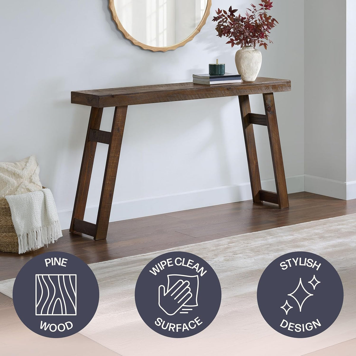Alaterre Furniture Lawas Solid Wood Console Table - 56 Inch Modern Farmhouse Entryway Table - Easy Assembly Living Room Furniture for Behind The Couch, Entryway, or Hallway (Brown)