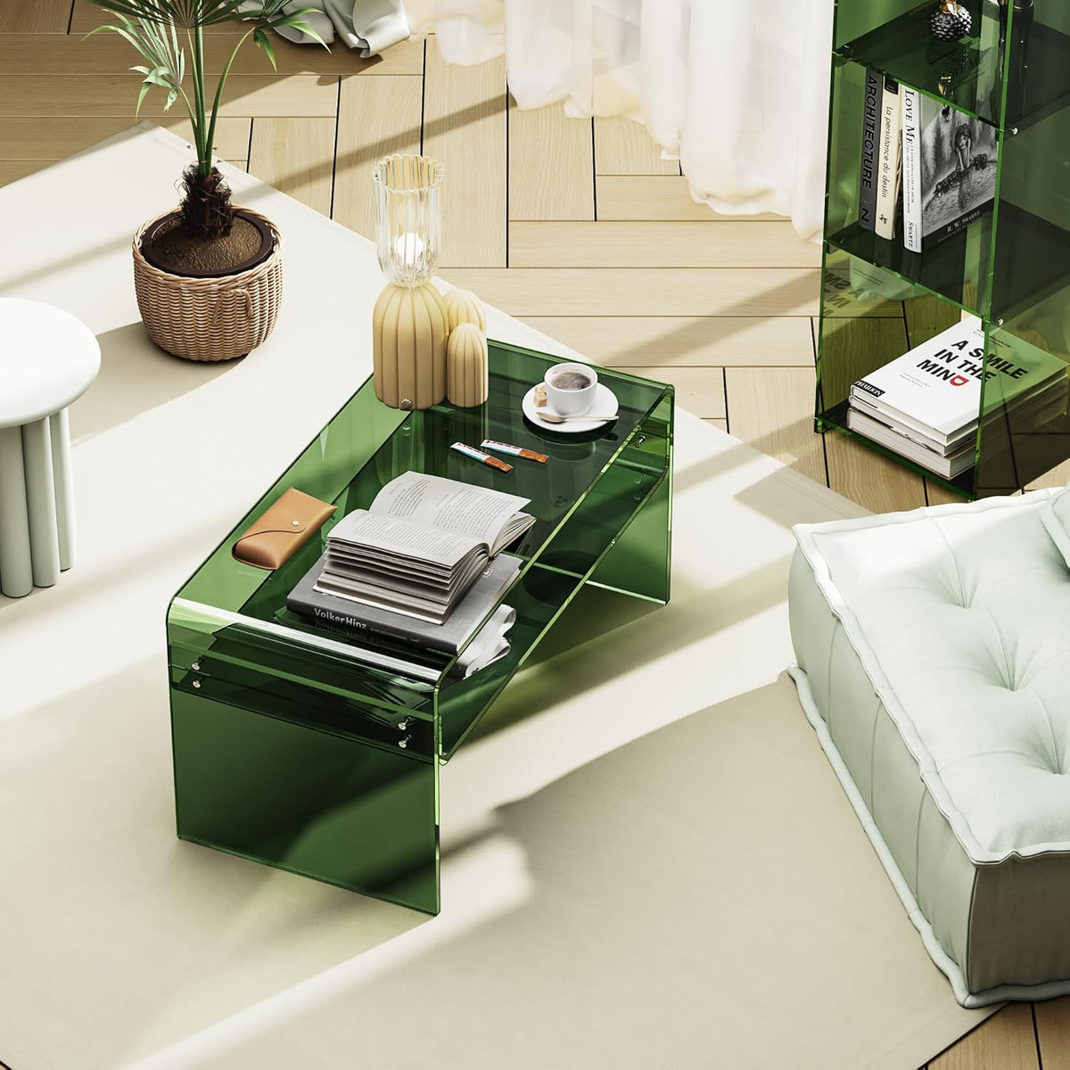 Acrylic Coffee Table for Living Room Clear Rectangle Lucite Table with Open Storage Shelf (1, Green, Nomal)