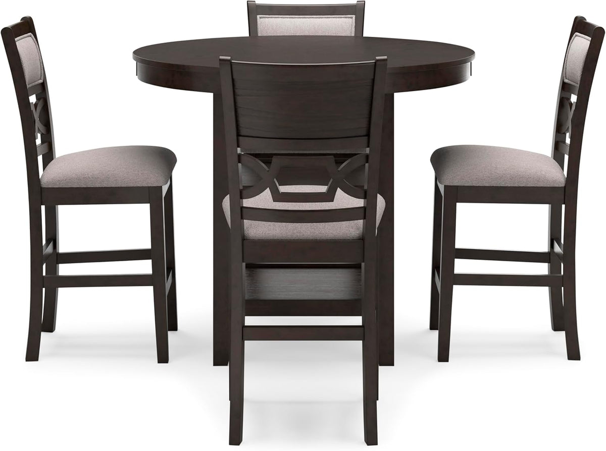 Signature Design by Ashley Langwest Transitional Diamond Patterned Counter Height Dining Table and 4 Upholstered Bar Stools, Set of 5, Dark Brown & Beige