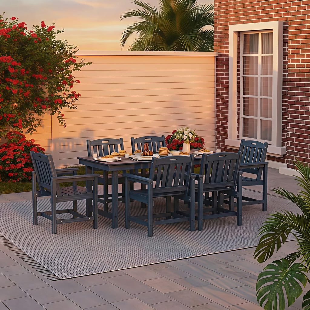 Mdeam 7-Piece HIPS Outdoor Dining Set, 66.9" Patio Table with Umbrella Hole, 440LBS Capacity, 6 Wider Chairs, Dining Table Set for 6, Indoor Outdoor Furniture with Galvanized Steel Frame, Navy Blue