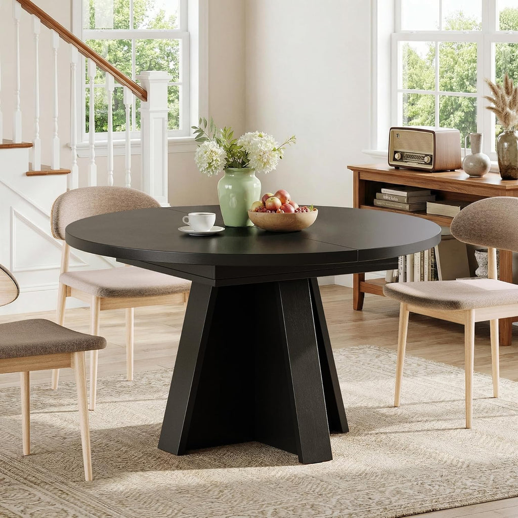 iPormis 43.3in-59in Extendable Round Dining Table for 4-6, Modern Wooden Kitchen Table for Dining Room, Adjustable Size Oval Circle Dinner Tables Furniture for Kitchen Living Room, Black