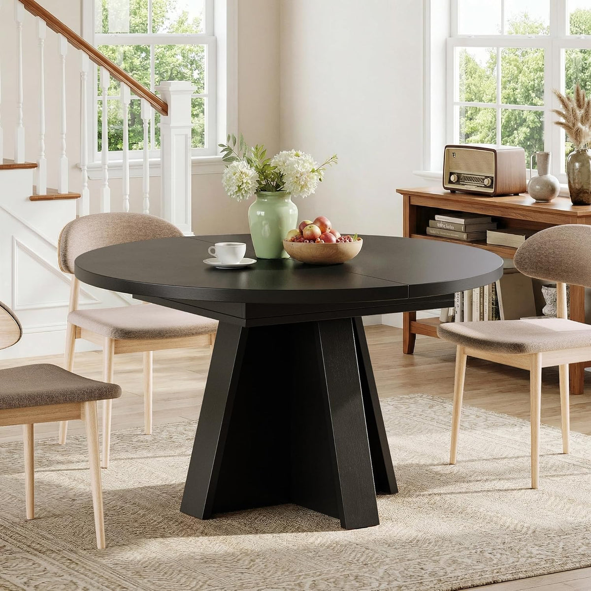 iPormis 43.3in-59in Extendable Round Dining Table for 4-6, Modern Wooden Kitchen Table for Dining Room, Adjustable Size Oval Circle Dinner Tables Furniture for Kitchen Living Room, Black