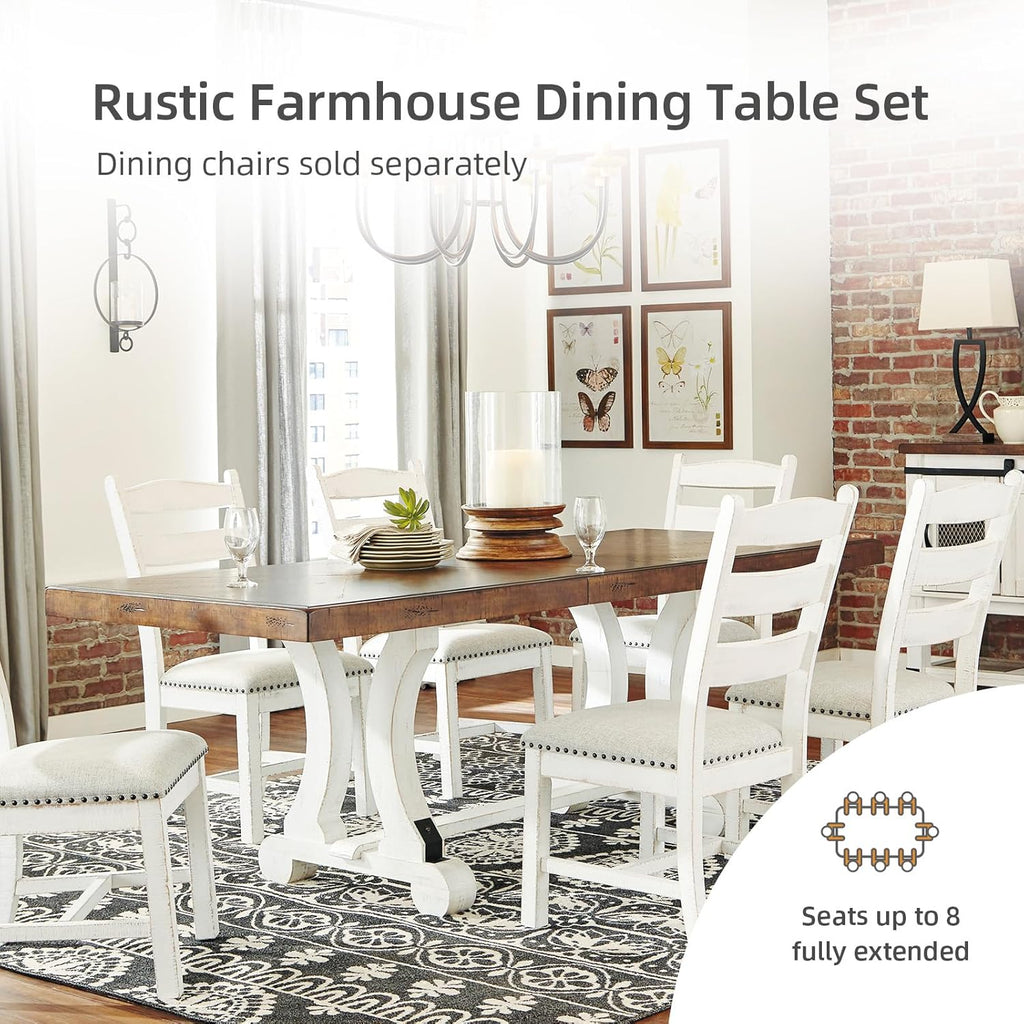 Signature Design by Ashley Valebeck Extendable Dining Room Table, Rustic Farmhouse Dining Table with Leaf Extension, Seats Up to 8, Vintage White/Brown