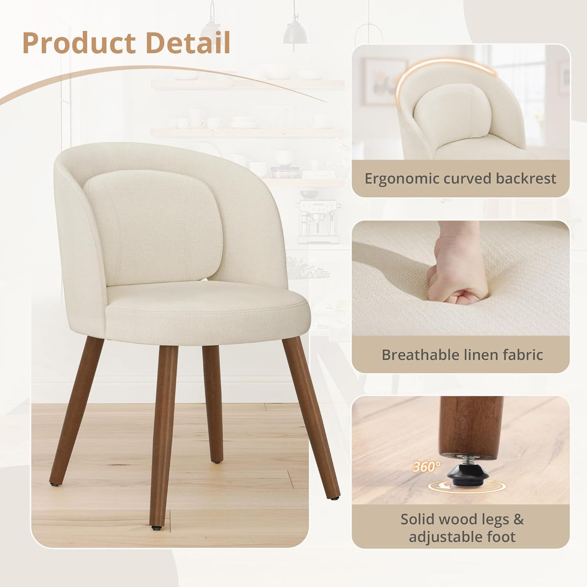 LUE BONA Dining Chairs Set of 4, Modern Upholstered Kitchen Chairs with Solid Wood Legs, Curved Backrest & Lumbar Support for Home Dining Room, Restaurant, Linen Color