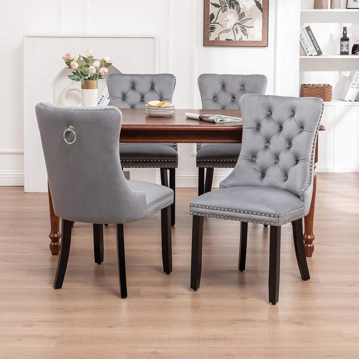 Hixkol Velvet Dining Chairs Set of 4,Upholstered Dining Chairs with Ring Pull Trim and Button Back,Modern Seating for Kitchen, Bedroom & Living Room(Grey)