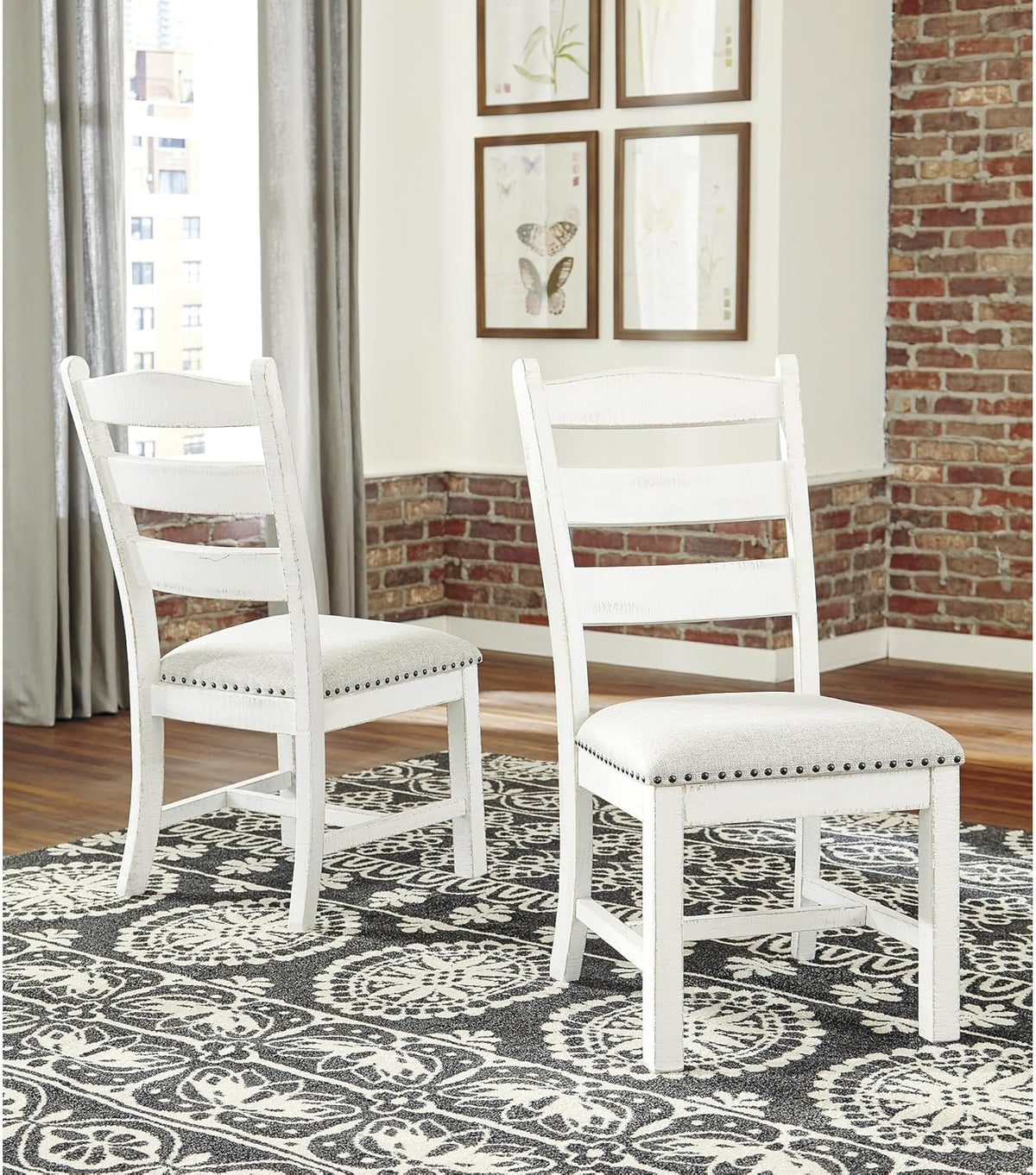Signature Design by Ashley Valebeck Farmhouse Cushioned Dining Chair, 2 Count, Nailhead Trim, Fabric Upholstery, Solid Wood, 39" Seat Height, Whitewash