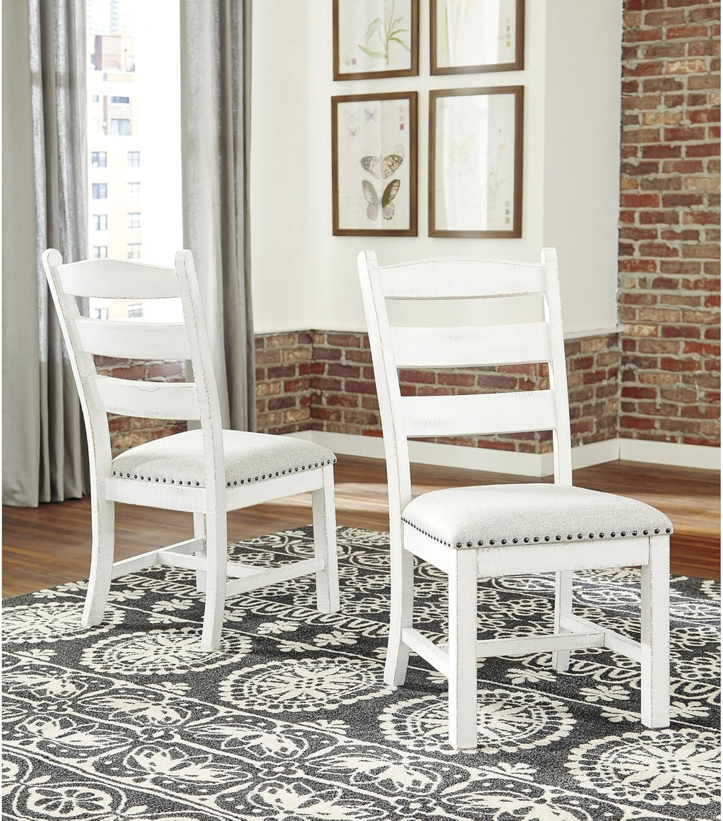 Signature Design by Ashley Valebeck Farmhouse Cushioned Dining Chair, 2 Count, Nailhead Trim, Fabric Upholstery, Solid Wood, 39" Seat Height, Whitewash