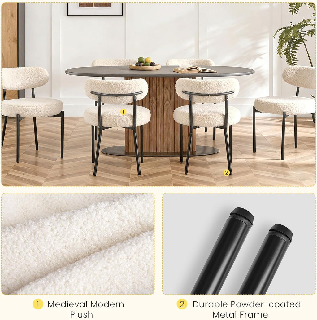 DUMOS Dining Chairs Set of 4, Mid Century Modern Chair Round Upholstered Curved Backrest, Kitchen Vanity Living Room Chairs with Black Metal Legs .Light Beige