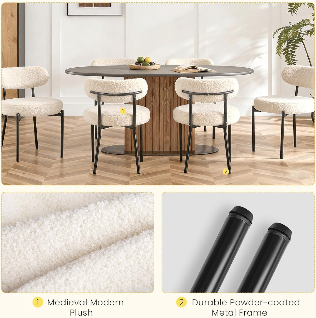 DUMOS Dining Chairs Set of 4, Mid Century Modern Chair Round Upholstered Curved Backrest, Kitchen Vanity Living Room Chairs with Black Metal Legs .Light Beige