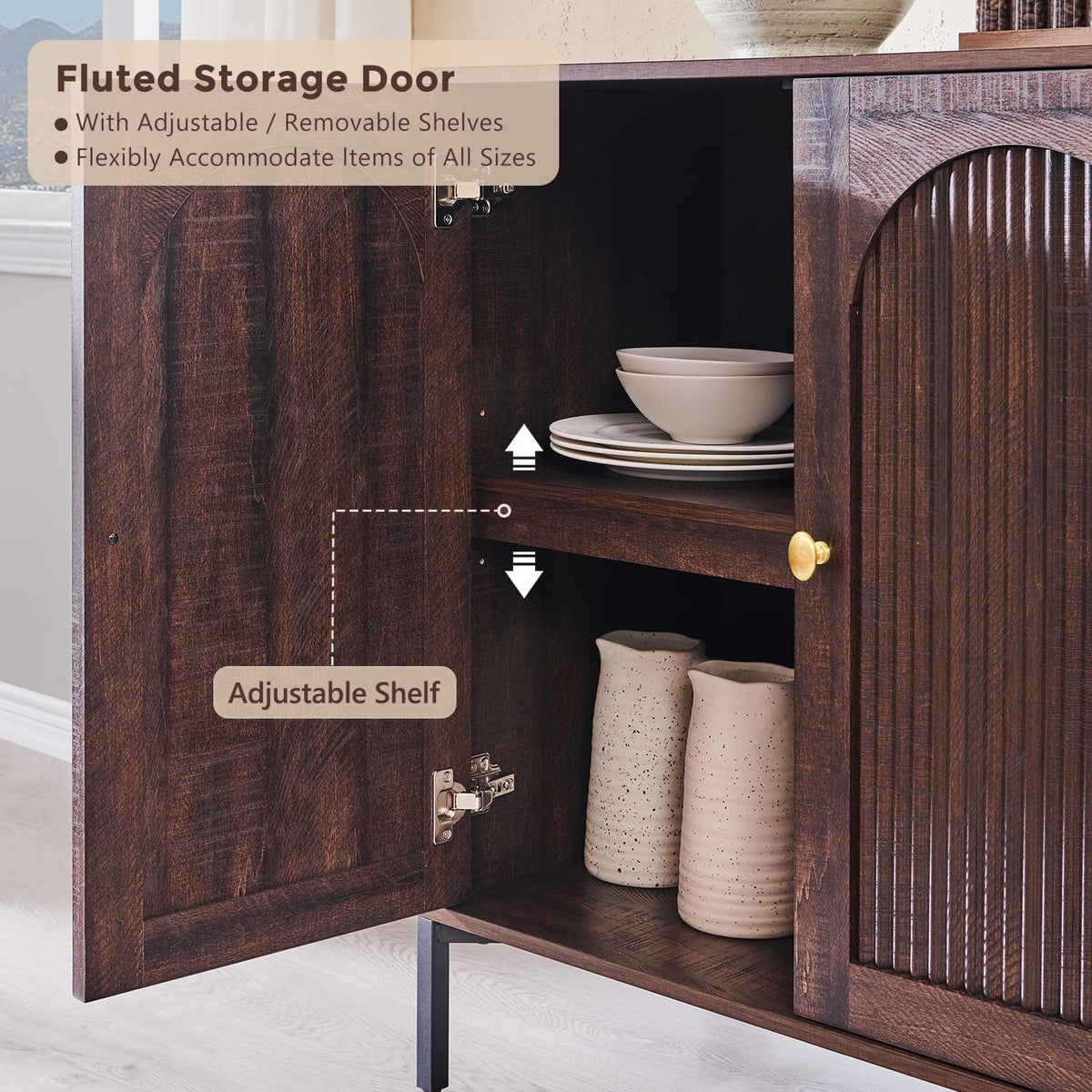 IFGET Modern Buffet Cabinet with Storage, 61.75" W Fluted Arched Sideboard Cabinet w/Adjustable Shelves, Wooden Modular Coffee Bar for Dining Room, Kitchen, Living Room, Entryway, Brown