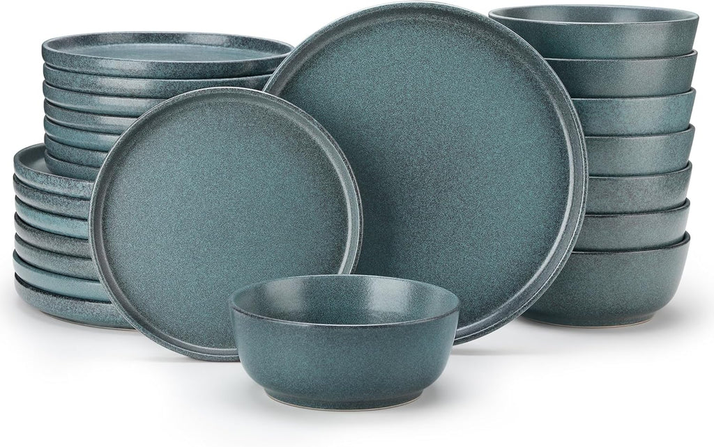 vancasso Plates and Bowls Sets, 24 Pieces Stoneware Dinnerware Set for 8, Ceramic Dish Set for Kitchen, Microwave and Dishwasher Safe, Smoky Teal, Series ZERMATT