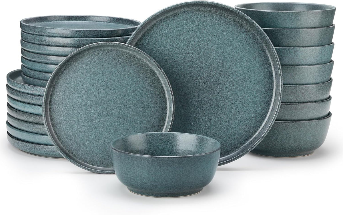 vancasso Plates and Bowls Sets, 24 Pieces Stoneware Dinnerware Set for 8, Ceramic Dish Set for Kitchen, Microwave and Dishwasher Safe, Smoky Teal, Series ZERMATT