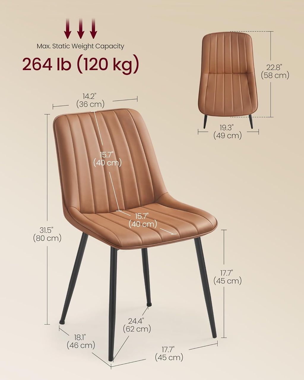 VASAGLE Dining Chairs Set of 6, Upholstered Kitchen Chairs, Synthetic Leather, Max. Load 264 lb, Steel Legs, Curved Backrest, for Dining Room, Caramel Brown and Ink Black ULDC090KN03-3J