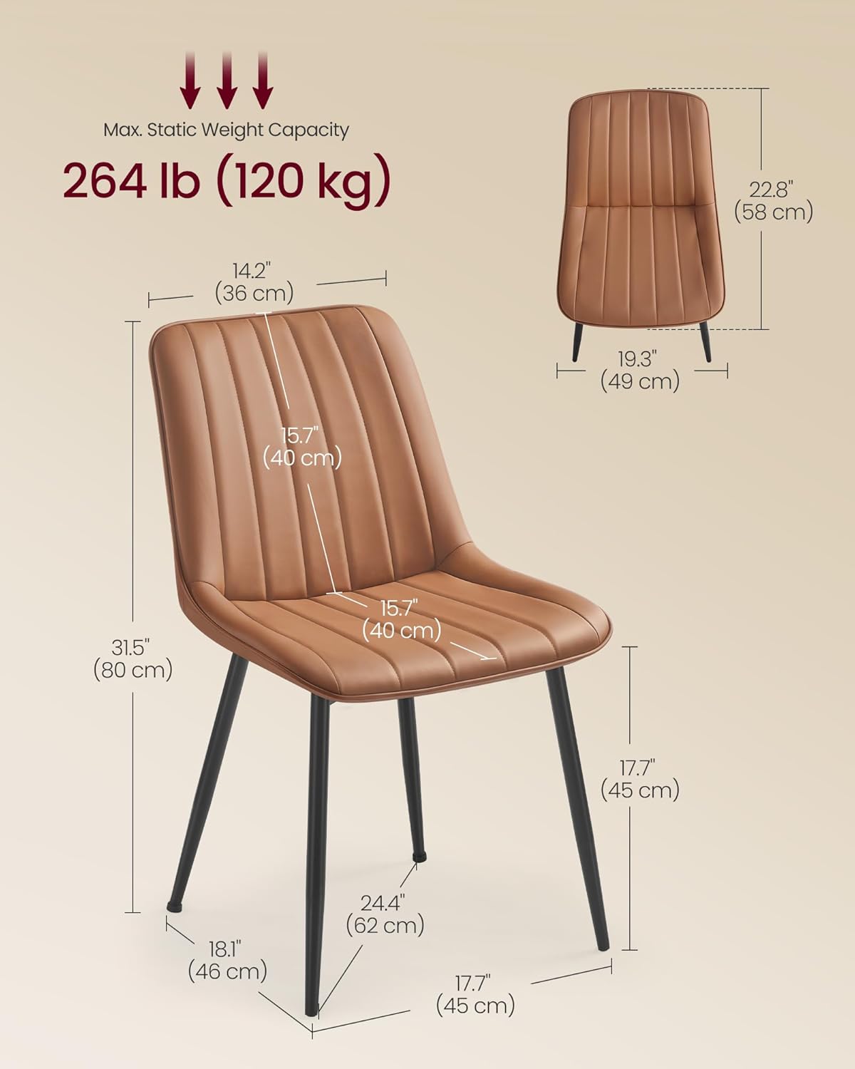 VASAGLE Dining Chairs Set of 6, Upholstered Kitchen Chairs, Synthetic Leather, Max. Load 264 lb, Steel Legs, Curved Backrest, for Dining Room, Caramel Brown and Ink Black ULDC090KN03-3J