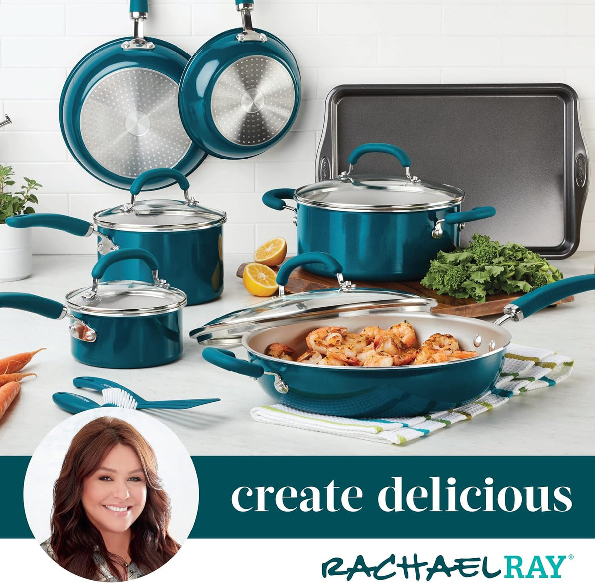 Rachael Ray Create Delicious Nonstick Cookware Induction Pots and Pans Set, 13 Piece - Teal Shimmer
