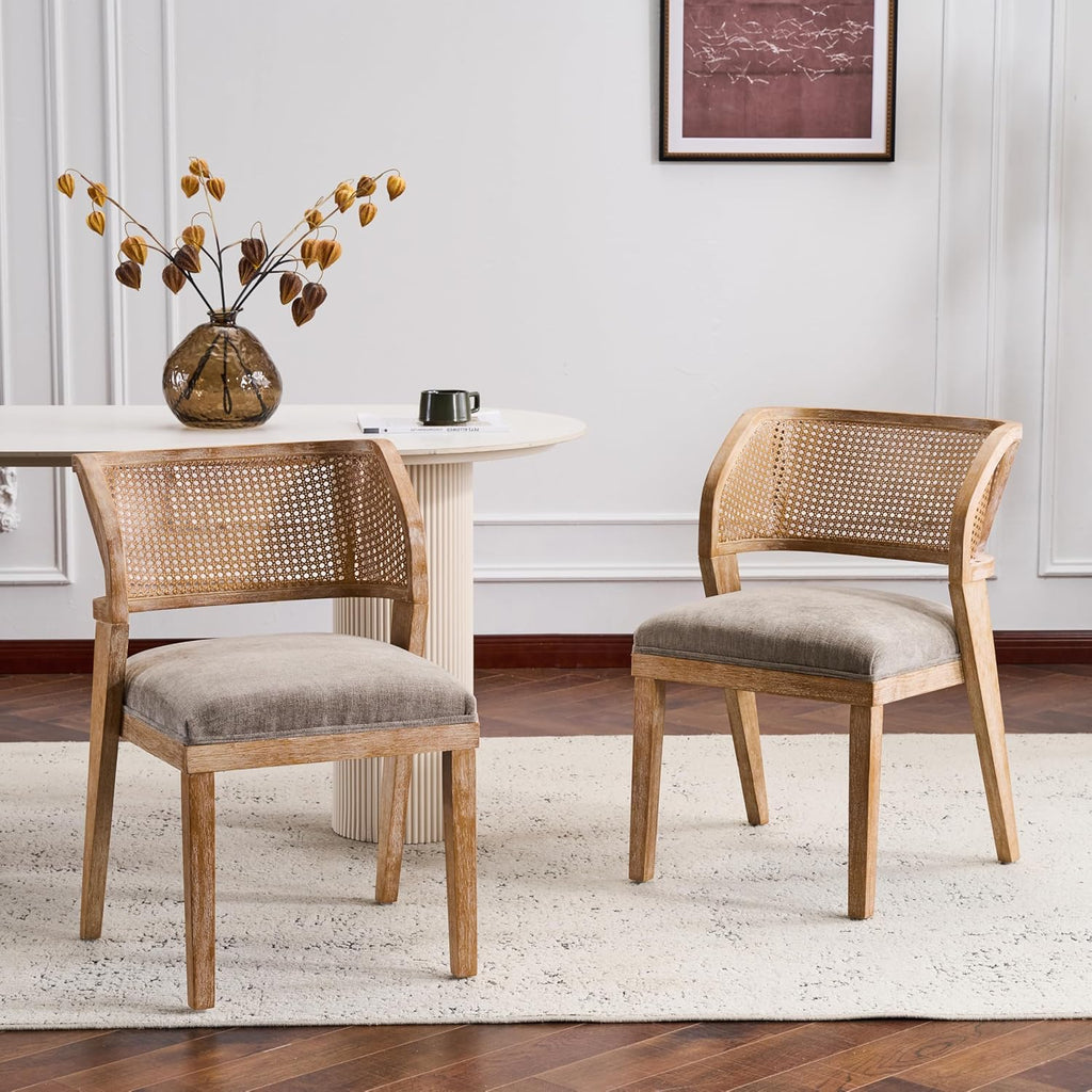 Christopher Knight Home Ashe Upholstered Dining Chairs Set of 2, Modern Dining Chair with Curved Woven Rattan Back, Rubberwood Frame Kitchen Chairs, Extra Seat for Dining Room, Light Brown + Natural