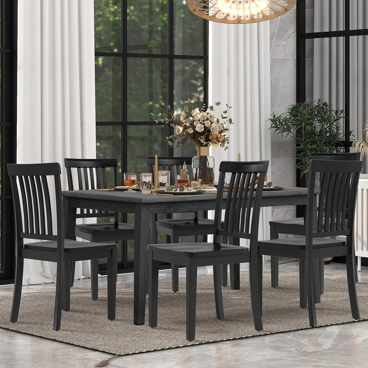 COLAMY Wooden Dining Room Chairs Set of 6, Spindle High Back Windsor Kitchen Side Chair, Farmhouse Dining Chairs for Kitchen, Dining Room, Black